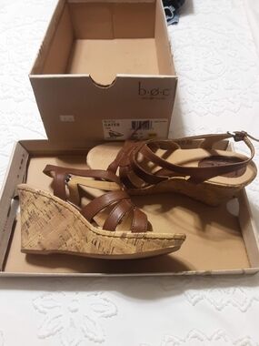 boc Brown Leather Cork Wedge Sandals
